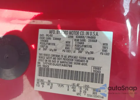 2002 Ford Ranger Edge/Xl/Xlt z USA, uszkodzony, nr VIN 1FTYR10U02TA80788